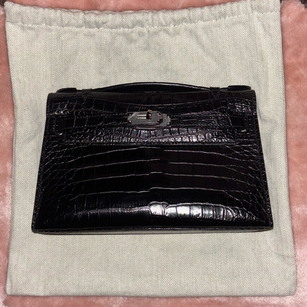 Black Crocodile Kelly Pochette Clutch